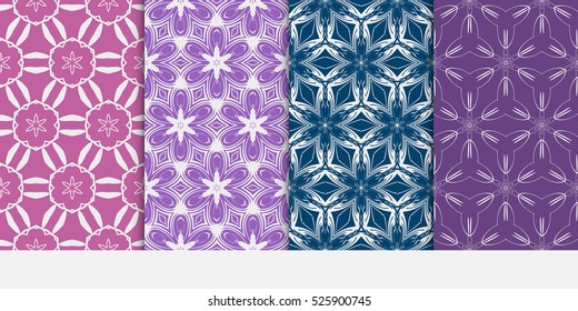 set of decorative floral and leave pattern. purple color. Vector seamless. For interior design, invitation, wallpaper.