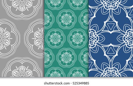 set of decorative floral pattern. vector illustration. blue, green, grey color. For design, wallpaper, background fills, fill, card, banner, flyer. Ethnic ornament