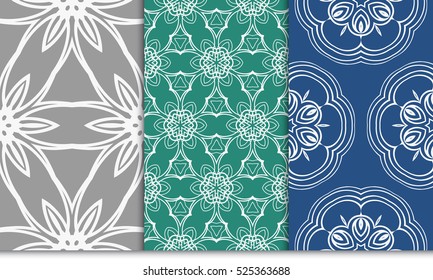 set of decorative floral pattern. vector illustration. blue, green, grey color. For design, wallpaper, background fills, fill, card, banner, flyer. Ethnic ornament