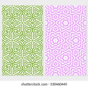 set of decorative floral seamless pattern. geometric illusion effect. vector illustration. for invitation, wallpaper. purple, green color