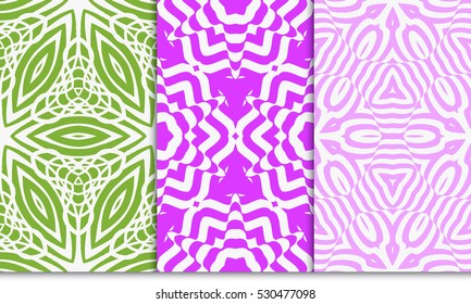 set of decorative floral seamless pattern. geometric illusion effect. vector illustration. for invitation, wallpaper. purple, green color