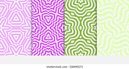 set of decorative floral seamless pattern. geometric illusion effect. vector illustration. for invitation, wallpaper. purple, green color