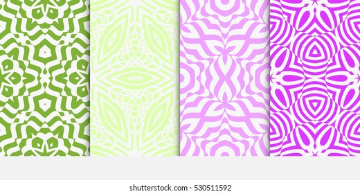 set of decorative floral seamless pattern. geometric illusion effect. vector illustration. for invitation, wallpaper. purple, green color