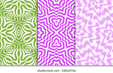 set of decorative floral seamless pattern. geometric illusion effect. vector illustration. for invitation, wallpaper. purple, green color