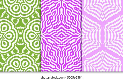 set of decorative floral seamless pattern. geometric illusion effect. vector illustration. for invitation, wallpaper. purple, green color