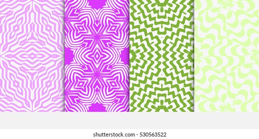 set of decorative floral seamless pattern. geometric illusion effect. vector illustration. for invitation, wallpaper. purple, green color