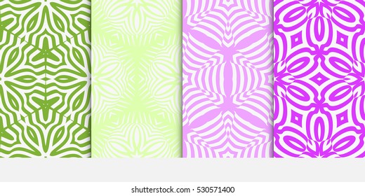 set of decorative floral seamless pattern. geometric illusion effect. vector illustration. for invitation, wallpaper. purple, green color