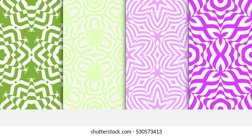 set of decorative floral seamless pattern. geometric illusion effect. vector illustration. for invitation, wallpaper. purple, green color