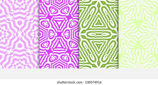 set of decorative floral seamless pattern. geometric illusion effect. vector illustration. for invitation, wallpaper. purple, green color