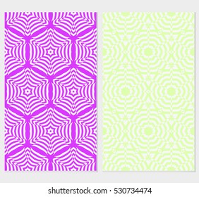 set of decorative floral seamless pattern. geometric illusion effect. vector illustration. for invitation, wallpaper. purple, green color