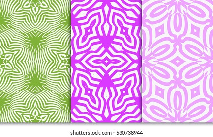 set of decorative floral seamless pattern. geometric illusion effect. vector illustration. for invitation, wallpaper. purple, green color