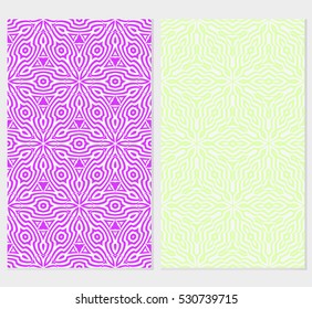 set of decorative floral seamless pattern. geometric illusion effect. vector illustration. for invitation, wallpaper. purple, green color