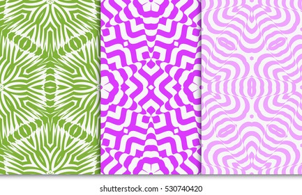 set of decorative floral seamless pattern. geometric illusion effect. vector illustration. for invitation, wallpaper. purple, green color