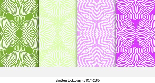 set of decorative floral seamless pattern. geometric illusion effect. vector illustration. for invitation, wallpaper. purple, green color