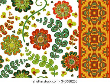 Set of decorative floral seamless patterns and borders. Vector illustration.