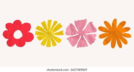 Set of decorative floral silhouettes with jagged torn edges. Elements with crumpled paper texture and halftone gritty effect, designed for collage art and minimalistic banners.