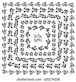 Set of decorative floral square border elements for design. Vector black frames isolated on white background.
