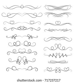 Set of decorative floral swirls elements, dividers, page decors. Hand drawn vector ornaments with heart.