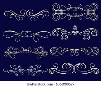 Set of decorative florish gold divider, borders on the dark background.
