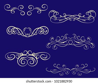 Set of decorative florish gold dividers, borders on the dark background