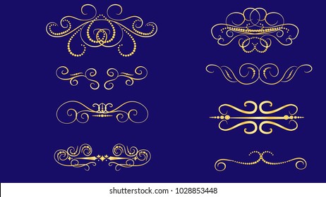 Set of decorative florish gold dividers, borders on the dack background