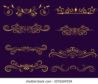 Set of decorative florish gold dividers, borders on the dark background