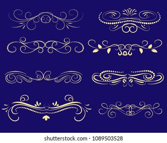 Set of decorative florish gold dividers, borders on the dark background