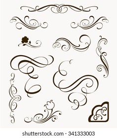 Set of decorative flourish elements. Calligraphic ornaments and borders for your design. Floral silhouettes. Calligraphy design elements for page decor