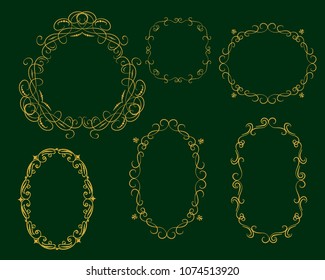 Set of decorative flourish gold frames on the dark background.