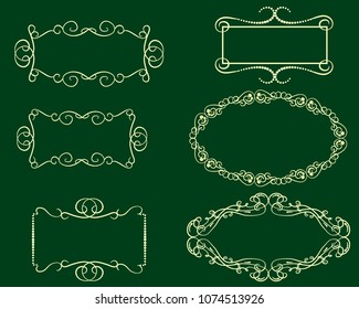 Set of decorative flourish gold frames on the dark background.