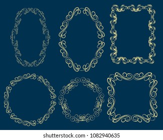 Set of decorative flourish gold frames on the dark background.