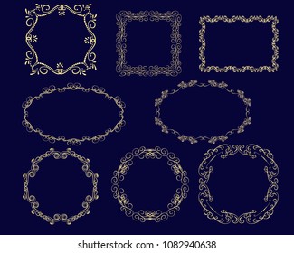 Set of decorative flourish gold frames on the dark background.