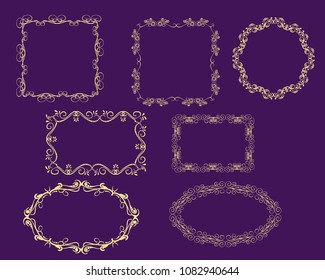 Set of decorative flourish gold frames on the dark background.