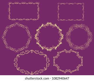 Set of decorative flourish gold frames on the dark background.