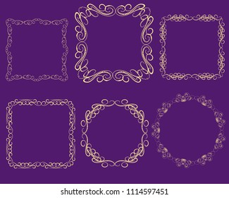Set of decorative flourish gold frames on the dark background.