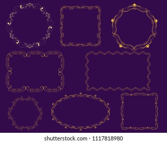 Set of decorative flourish gold frames on the dark background.