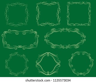 Set of decorative flourish gold frames on the dark background.