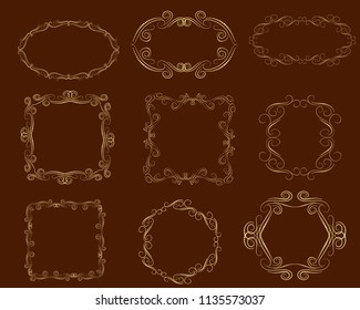 Set of decorative flourish gold frames on the dark background.