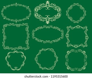 Set of decorative flourish gold frames on the dark background.