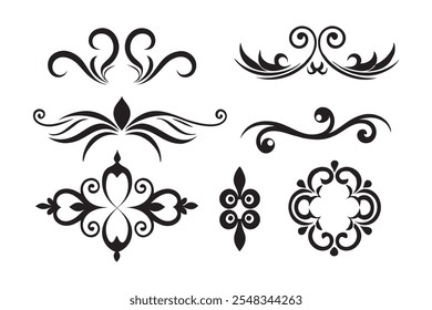 Un conjunto de diseños florales decorativos en blanco y negro, destacando diversos patrones y expresiones artísticas de Ilustración vectorial plana