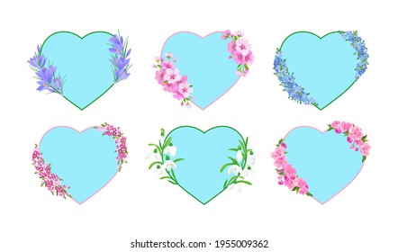 A set of decorative flower frames in the shape of a heart in blue and pink tones. Templates with spring flowers crocus sakura snowdrop, forget-me-not. Design of wedding invitations, banners, postcards