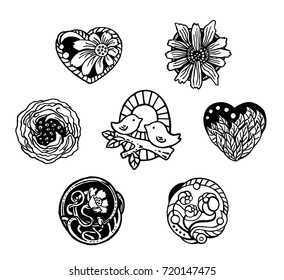 Set of decorative flower and nature illustrations: hearts, leaves, chamomile, birds on a branch, poppy, peony. Hand drawn ink graphics. Design for suspension, medallion, laser engraving. Vector image.