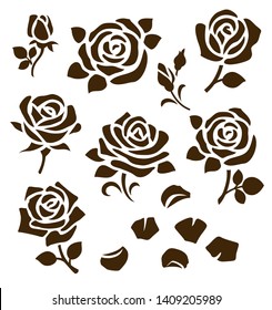 Set Of Decorative Flower Silhouette With Bud And Leaves. Vector Rose And Petals. Floral Icon