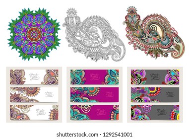 set of decorative flower template banner in indian kalamkari style, card, web design with place for your text, vector illustration