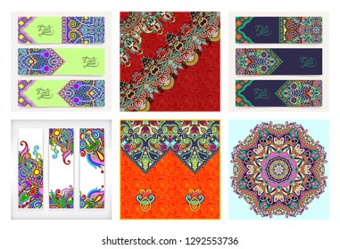 set of decorative flower template banner in indian kalamkari style, card, web design with place for your text, vector illustration