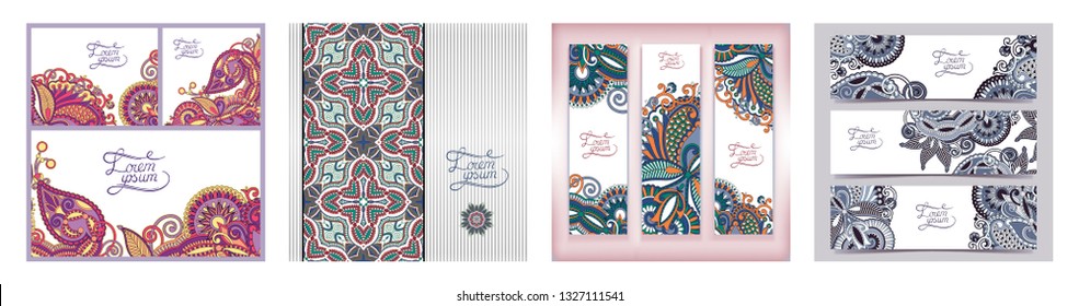 set of decorative flower template banner, card in indian kalamkari style, web design with place for your text, vector illustration