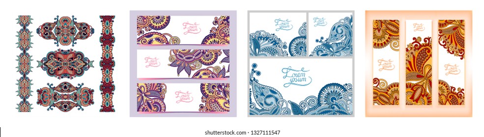 set of decorative flower template banner, card in indian kalamkari style, web design with place for your text, vector illustration