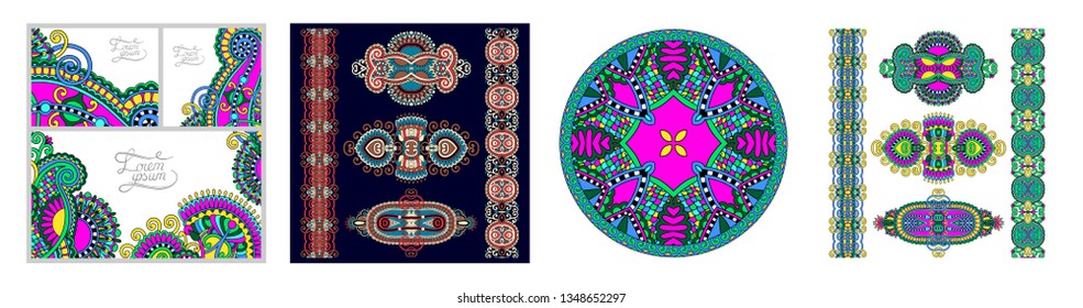 set of decorative flower template banner in indian kalamkari style, card, web design with place for your text, vector illustration