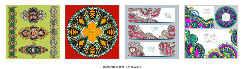 set of decorative flower template banner in indian kalamkari style, card, web design with place for your text, vector illustration