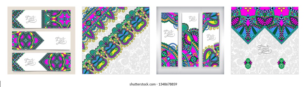 set of decorative flower template banner in indian kalamkari style, card, web design with place for your text, vector illustration